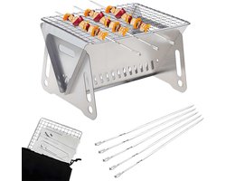 SnelShoppen - BBQ Grill met 5 Stuks Barbecue Vorken, Draagbare Vouwbare Houtskool Grill voor Buiten, RVS Rookoven BBQ voor Picknick, Tuin, Terras, Kam