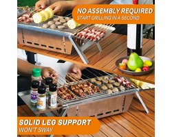 SnelShoppen - Draagbare Houtskool Grill, Inklapbare BBQ Grill van Roestvrij Staal voor Camping, Picknick, Strand en Outdoor Feesten