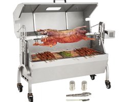 speenvarkensgrill lamsgrill 117 cm, 60 kg RVS rotisserie in hoogte verstelbaar in 4 niveaus, 50 W 2 in 1 BBQ rotisserie grill incl. kruidenpotje & reinigingsborstel & handvat elektrische grill met deksel