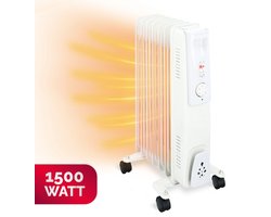 alpina Olieradiator 1500W – Elektrische Verwarming met Thermostaat – Oliegevulde Kachel Elektrisch – Mobiele Olie Radiator op Zwenkwielen – Bijverwarming met Oververhittingsbeveiliging – Wit