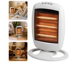 Cheqo® Halogeen Kachel - Elektrische Kachel - Draagbare Halogeen Heater - 3 Warmtestanden - 1200W Vermogen - Compacte Kachel - Bijverwarming - Oscillatiefunctie - Omvalbeveiliging - Oververhittingsbeveiliging - Instant Warmte - Draaghendel