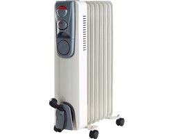 Elektrische Olieradiator met 7 Lamellen - Verwarming met 3 Warmtestanden - Thermostaat, Zwenkwielen, Snoeropslag en Antikiepbeveiliging - 1500W – Wit