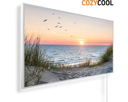 Infraroodpaneel met afbeelding | Duinen strand en zonsondergang | 1200 Watt | Witte lijst | Infrarood verwarmingspaneel | Infrarood paneel | Infrarood verwarming