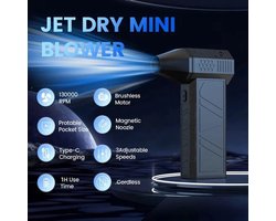 The Artiline Turbo Fan meerdere opzet stukken - Fohn - Lucht pistool - Luchtblazer - Air duster - 220 gram stuwkracht - 4000mAh - 130000 RPM - Zwart - Oplaadbaar - Incl. Opbergtas