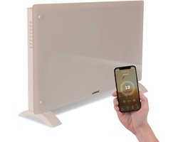 VONROC Luxe elektrische kachel - Convectorkachel met glazen paneel – 1000W/2000W- Verwarmt ruimtes tot 24m2 - Bediening zowel met app (via Wifi) als handmatig – Instelbare thermostaat en timer - Beige