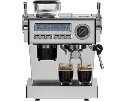 Dewelling CM1610 piston-espressomachine van roestvrij staal met geïntegreerde koffiemolen, 20 bar Ulka-pomp, dual boiler, barista-hendel, one-touch-functie, stoompijp, manometer & kopjesverwarmer