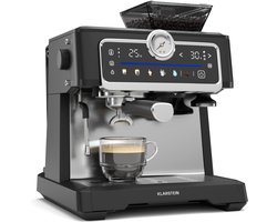 Klarstein GrandPresso Touch pistonmachine met maalmolen – 20-Bar, 1350 W, geïntegreerde precisie-maalmolen, touchscreen, 2,3 L watertank, stoompijpje, roestvrij staal, zwart