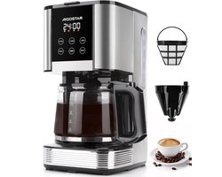 Aigostar Cora - Koffiezetapparaat - 1,5 liter - 12 kopjes - Display met timer - Filterkoffie - met Glazen Kan - 1000W - RVS/Zwart