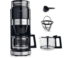 Barista koffiemachine met molen | Filterkoffiezetapparaat met glazen kan | 900W filtermachine met touchdisplay en timerfunctie voor tot 10 kopjes | 1,25 liter koffiekan | Voor bonen en gemalen koffie
