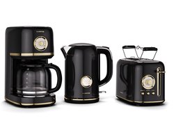 Klarstein Victoria ontbijtset – broodrooster voor 2 sneetjes met 7 bruiningsstanden, waterkoker van 1,7 liter, filterkoffiezetapparaat voor 12 kopjes, roestvrij staal, retro design, broodjesrek, warmhoudfunctie, zwart