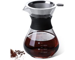 Pour Over Cafetière Glas 600ml - Dubbelwandig Roestvrijstalen Filter (304) - Handgemaakte Koffiezetapparaat - Hittebestendig Borosilicaatglas - BPA-vrij - Vaatwasmachinebestendig