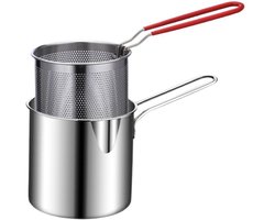1 set bestaande uit een frituurpan en een zeefmandje - Keukengerei - Frituurpan met handvat - Perfect voor het frituren van kippenpoten/nuggets - Roestvrij staal - Zilver