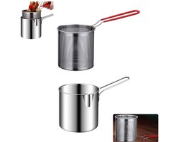 2 stuks - Kleine Frituur Pan - Inclusief Frituurmandje - Friteuse van roestvrij staal - Frituurpan met Korf - Ergonomisch ontworpen - handig voor het bakken van vis en koken