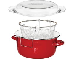 5L Emaille Chip Pan - Glazen Deksel - Rode Friteuse - Kleine Friteuse 16x33x27