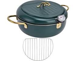 Aurixi® Japanse Tempura Friteuse Potthermometer - RVS Japanse Frituurpan 3.4L - Friteuse Pan - Kippenpot - met Thermometer - Groen - 34cm x 34cm x 11cm