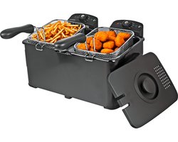 COOK-IT Dubbele Frituurpan 6L - Friteuse 2 x 3 Liter - 2 Aparte Manden - Temperatuur Apart Instelbaar 115-190°C - Voor Friet & Snacks - Zwart