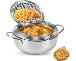 Diepvriespan met Sieb, Kleine Frituurpan, Inductie, Japanse Tempura Frituurpan met Thermometer en Deksel, 2.2 L, Roestvrij Staal voor Frietjes en Garnalen