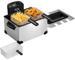 Dubbele Frituurpan 5L RVS – Professionele Friteuse met 3 Frituurmanden – 2000W Krachtige Koude Zone Frituurpan – Temperatuurregelaar 0-190°C – Grote Friteuse voor Gezin – Dubbele Frituur Ketel met Kijkvenster, Antislip & Uitneembare Olietank