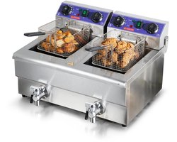 Dubbele Frituurpan - Commerciële Elektrische Friteuse - Met Afvoerkraan - Dubbele Tanks - Dubbele frituur - Friteuse - 12l - 2x 3000W - Roestvrijstalen Friteuse - Timer - Afzonderlijke Schakeling