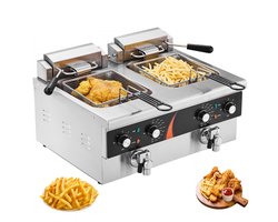 Elektrische Friteuse - Dubbele Tank Horeca Frituurpan - Vermogen 2x 3000 W - Inhoud 2x 5,9 L - Twee Manden - Roestvrij Staal - Tijd- en Temperatuurregeling