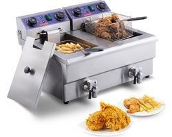 FIBILA Elektrische Friteuse met Dubbele Tanks - Frituurpan - Frituurpannen - Commerciële Friteuse - Friteuse voor Kip, Friet, Frites - 24L, 3000W - Dubbele Thermostaat Instelling - Makkelijk Schoon te Maken - Ideaal voor Delicatessen en Restaurants