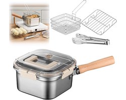 Friteuseset - 2500 ml - 20,5 × 20,5 × 11.5 cm - Inclusief een vierkante friteuse met transparant deksel, frituurmandje, oliezeef en frituurtang - Afneembaar handvat - Roestvrij staal - Geschikt voor thuis, kamperen en picknicks - Zilver