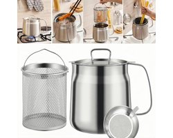 Frituurpan - Filterkan - Scheidt vetresten - Frituurpan van roestvrij staal met mand en zeef - Grote capaciteit Geschikt voor keuken, frituren, koken, kamperen, zware oliefiltercontainer - Vaatwasserbestendig - 68 oz - 2 L - Zilver