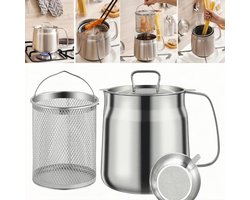 Frituurpan - Filterkan - Scheidt vetresten - Frituurpan van roestvrij staal met mand en zeef - Grote capaciteit Geschikt voor keuken, frituren, koken, kamperen, zware oliefiltercontainer - Vaatwasserbestendig - 68 oz - 2 L