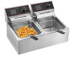 Frituurpan - Frituurpan - Dubbele tanks - 220V - 500W - 50Hz - Teflon materiaal - Roestvrij staal - 6Lx2 - Zilver