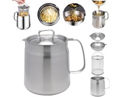 Frituurpan - Frituurpannen - friteuse - frietpan - Filterkan - Scheidt vetresten - Frituurpan van roestvrij staal met mand en zeef - Grote capaciteit - Vaatwasserbestendig - 68 oz - 2 L - Zilver