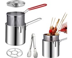 Frituurpan - Mini Friteuse - RVS Oliepan - Tempura Pan - Kookpan met Frituurmandje - Patat Pan - Inductie en Gas - Braadpan - Frituurpan met Deksel - Keuken Accessoires - Frituurset - Pannen - Olie Filter - Hapjespan - Zilver - 1 Stuks