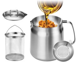 Frituurpan - Oliefilter - Met mandje en filter - 1,5 l - 14 x 13,5 cm - Vaatwasserbestendig - Roestvrij staal 304 - Oliereservoir - Scheidt olieresten - Voor frituren, frituren, frituren, frituren - Zilver