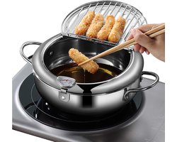 Frituurpan - Tempura pan - 24 cm - RVS pan - Keukenaccessoires - Japans frituurpannetje - Inductie frituurpan - Frietpan - Kookpan - Roestvrijstalen pan - Grote frituurpan - Keukengerei - Huishoudelijk - Zilver - 1 stuk