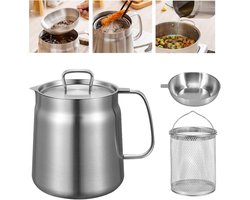 Frituurpannen - Frituurzeef - Frituurpan - Friteusefilter - Scheidt vetresten - Roestvrijstalen frituurpan - Mandje - Filterdeksel - Opvangbak spekvet - Zeef - Bewaren frituurvet - Kookvet - 1,5 liter - Zilver