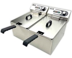 HCB® - Professionele grote Horeca frituurpan - Dubbele friteuse - 2 x 10.5 liter - 2 x 230V - RVS / INOX frietketel - frietpannen - frietpan - 47.5x57x35 cm (DxBxH) - 6000W - 2596