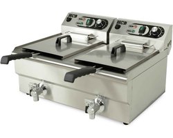 HCB® - Professionele grote Horeca frituurpan - Dubbele friteuse - 2 x 12 liter - 2 x 230V - RVS / INOX frietketel - frietpannen - frietpan met kraantje - aftapkraan - 49x63x36 cm (DxBxH) - 6000W - 8733
