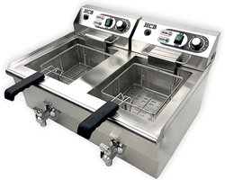 HCB® - Professionele grote Horeca frituurpan - Dubbele friteuse - 2 x 14 liter - 2 x 230V - RVS / INOX frietketel - frietpannen - frietpan met kraantje - aftapkraan - 53x69x38 cm (DxBxH) - 6000W - 7612