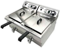 HCB® - Professionele grote Horeca frituurpan - Dubbele friteuse - 2 x 14 liter - 2 x 400V - RVS / INOX frietketel - frietpannen - frietpan met kraantje - aftapkraan - 53x68.6x38 cm (DxBxH) - 10000W - 2599