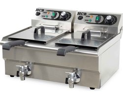 HCB® - Professionele grote Horeca frituurpan - Dubbele friteuse - 2 x 8.5 liter - 2 x 230V - RVS / INOX frietketel - frietpannen - frietpan met kraantje - aftapkraan - 50x57x35 cm (DxBxH) - 6000W - 8729