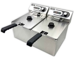HCB® - Professionele grote Horeca frituurpan - Dubbele friteuse - 2 x 9 liter - 2 x 230V - RVS / INOX frietketel - frietpannen - frietpan - 41.5x55.5x34 cm (DxBxH) - 6500W - 2594
