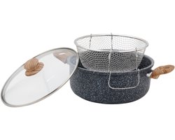 KingHoff KH-1985 4.0 Liter Frituur Pan met Mand - Marmer Non-Stick - Geschikt voor Alle Kookplaten Inclusief Inductie - 24 cm - Frituurpan met Korf - Friteuse