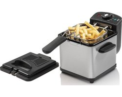 kleine Friteuse, Mini Frituurpan voor 1 portie friet, bitterballen of snacks, met koudezone technologie & temperatuurregelaar tot 190°C, incl. rvs mand, kijkvenster & oliefilter, kleur: zilver