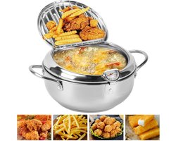 Kleine Frituur Pan - Mini Friteuse Diameter 21cm -Friteuse 2.2 Liter - Met Thermometer -Huisraad Friteuse - Chipfriteuse - Friteuse - Makkelijk Schoon Te Maken - Geschikt Voor Gas En Inductie - Zilver