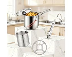 Kleine RVS Frituurpan Set 1,5 Liter – 5-Delige Friteuseset met Mand, Tang en Deksel – Compacte Frietpan 13 cm