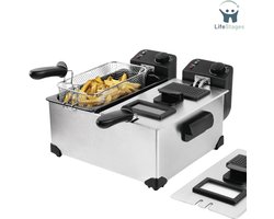 LifeStages - Friteuse 3 liter - Roestvrijstalen Friteuse Met Dubbele Kuip - 2 Onafhankelijke Thermostaten - Elk 3 L - Uitneembare Korven - Vaatwasmachinebestendig - Geurfilter - Oververhittingsbeveiliging - Grijs