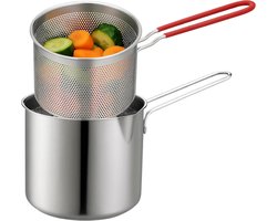 Lomera Mini Frituurpan - Frituurpan Met Mandje - 1.2 Liter - Geschikt Voor Gas - Rvs Frituurpan - Frituurmand Inbegrepen - Vlamverdeler Inbegrepen - Keukenaccessoire - Snacktang Inbegrepen - Eenvoudig Schoon Te Maken - Zilverkleurig Design