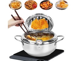 Mini Roestvrijstalen Friteuse Pan met Deksel en Temperatuurregeling - 24 cm voor Gas- en Inductiekookplaten