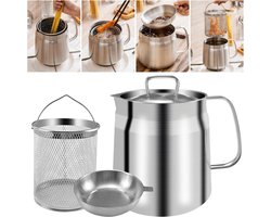 Oliefilter - Frituurpan - met frituurmand en oliefilter - 68 oz/2L - 14 x 16 cm - Vaatwasserbestendig - roestvrij staal 304 - oliereservoir - scheidt olieresten - voor frituren, frituren, frituren, frituren - zilver