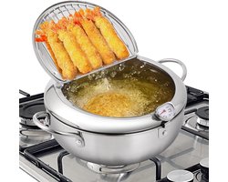 Professionele Frituurpan - Japanse RVS Tempura Frituurpan met Thermometer - Complete Set met Deksel en Oliedruiprek - Geschikt voor Friet, Kip en Garnalen - 28cm Keukenapparatuur
