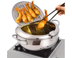 Professionele Frituurpan - Japanse RVS Tempura Frituurpan met Thermometer - Complete Set met Deksel en Oliedruiprek - Geschikt voor Friet, Kip en Garnalen - 28cm/11 inch Keukenapparatuur